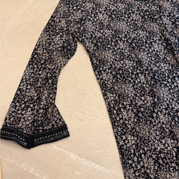 Boho Black Tan and White Midi Dress Beaded Accents - Picture 4 of 8